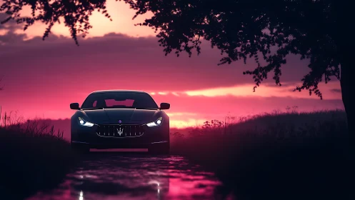 Front-lit performance coupe under magenta atmospheric sunset.