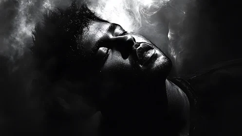 Dramatic low key portrait in swirling monochrome vapors.