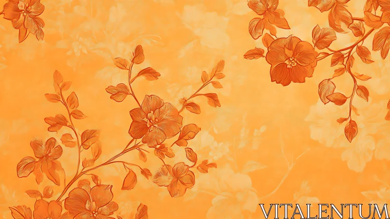 Orange floral branches overlay warm monochrome backdrop.