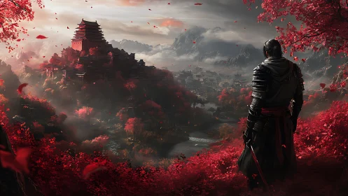 Armored wanderer surveying crimson valley citadel at dusk.