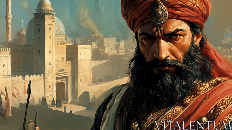 Regal desert warlord before domed citadel at sunrise.