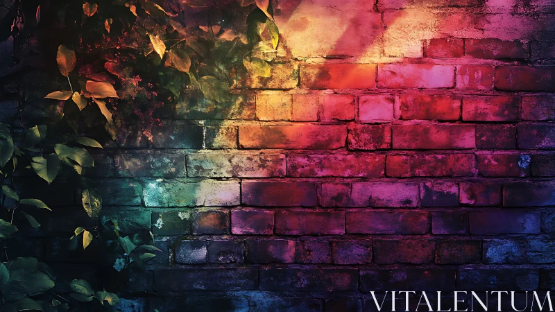 Iridescent brick wall with creeping foliage and prismatic light.