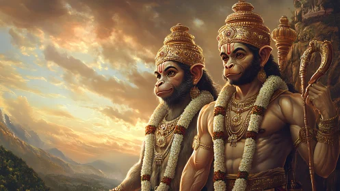 Divine monkey warriors stand vigilant beneath a blazing sky