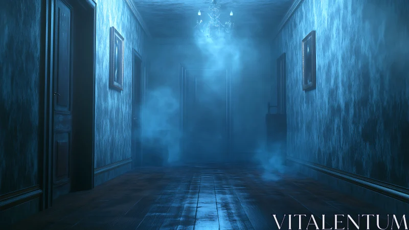 Fog filled blue corridor extends toward closed distant door