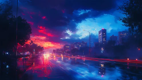 Neon dusk boulevard with reflective cyberpunk city skyline.