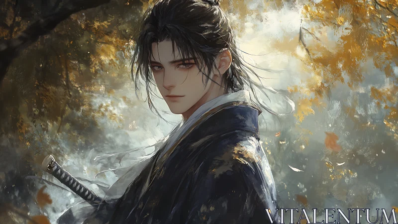 Autumn-lit swordsman gazes through falling leaves in silence.