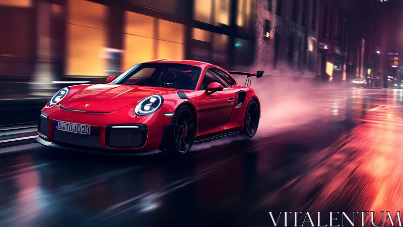 Red track-focused sports car drifts through wet neon-lit city street