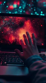 Hand reaching into glowing cosmic screen over laptop keyboard.