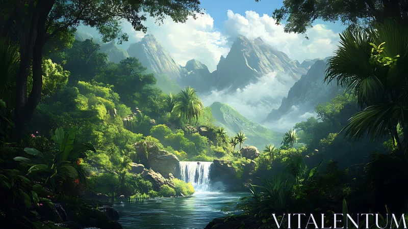 Digital landscape shows waterfall, forest basin and distant peaks