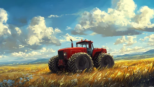 Bright red tractor resting under wide open country skies.