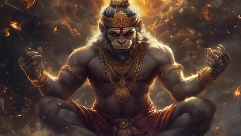 Fiery simian deity in molten meditation above swirling embers.