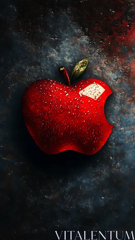 Crimson bitten apple logo glistening on stormy canvas night.