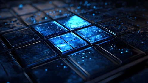 Futuristic glowing blue digital tiles with cosmic light effect.