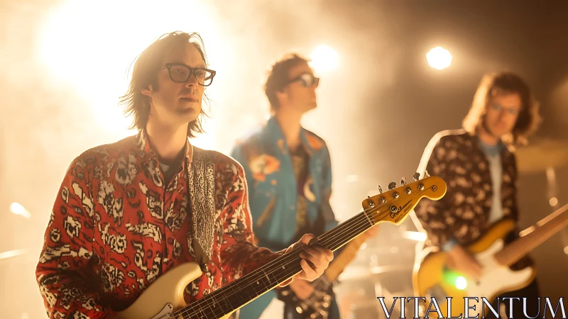 Indie rock band performing under bright stage lighting.