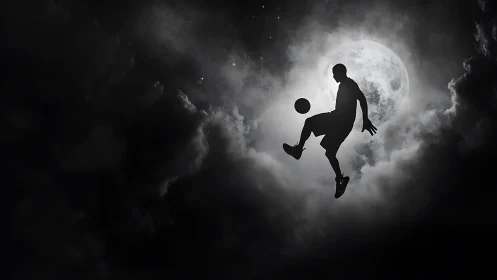 Backlit football silhouette suspended against high contrast moon