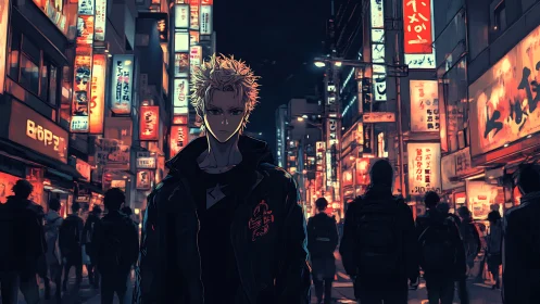 Blond anime figure in dense neon city nightlife street scene.