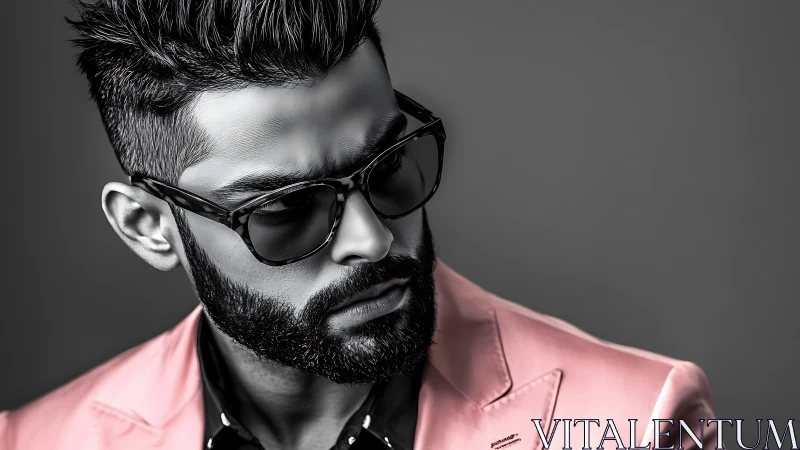 Stylish bearded man in sunglasses and pink suit jacket.