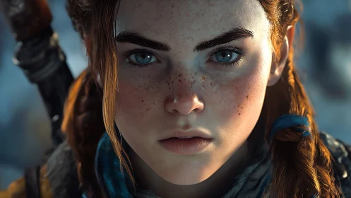 Close digital portrait of freckled red-haired character face.