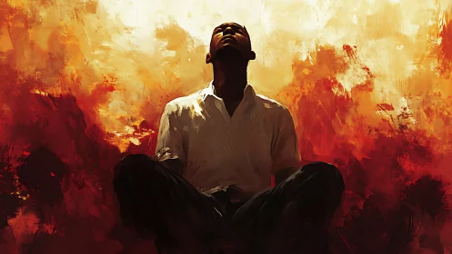 Seated male figure rendered against abstract red background