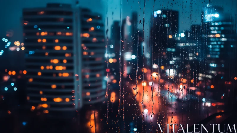 Rain-streaked window overlooks neon city at blue hour.