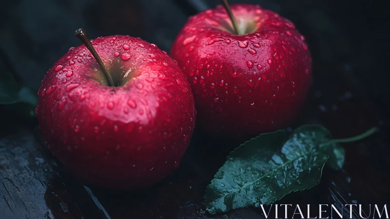 Rain-kissed twin apples glowing on a midnight tabletop.