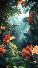 Sunlit mist filters through dense tropical jungle canopy