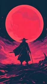 Lone swordsman stands under massive red moon in void landscape.