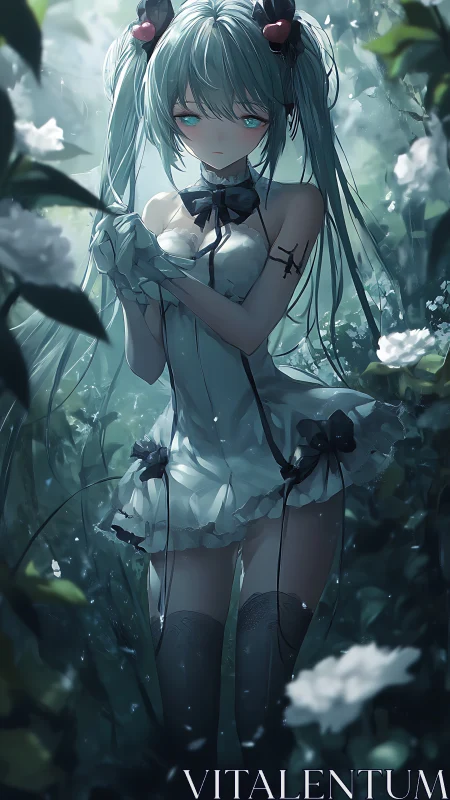 Melancholic twin-tailed girl amid luminous forest bloom.