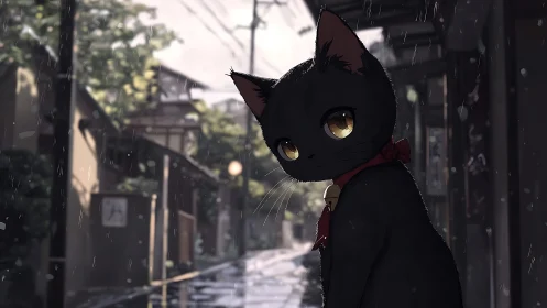Golden eyed black cat waiting in a gentle rainy street.