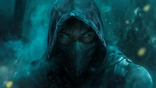 Hooded masked assassin in teal mist, piercing eyes dominate.