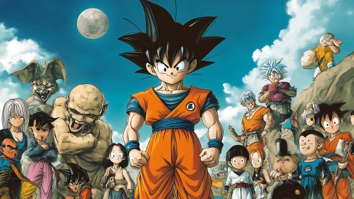 Central martial figure with surrounding anime characters group.