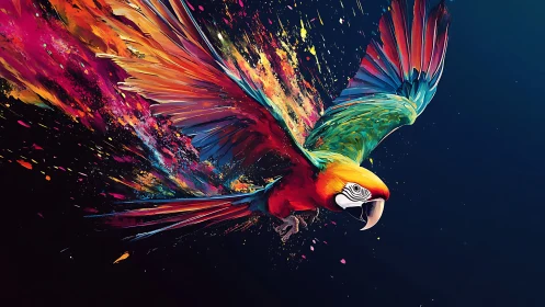 Color-splashed macaw in motion over dark abstract field.