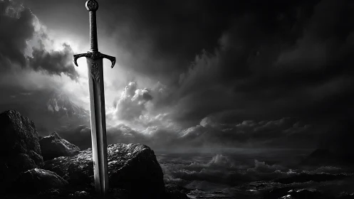 Legendary sword stands against storm over dark shoreline