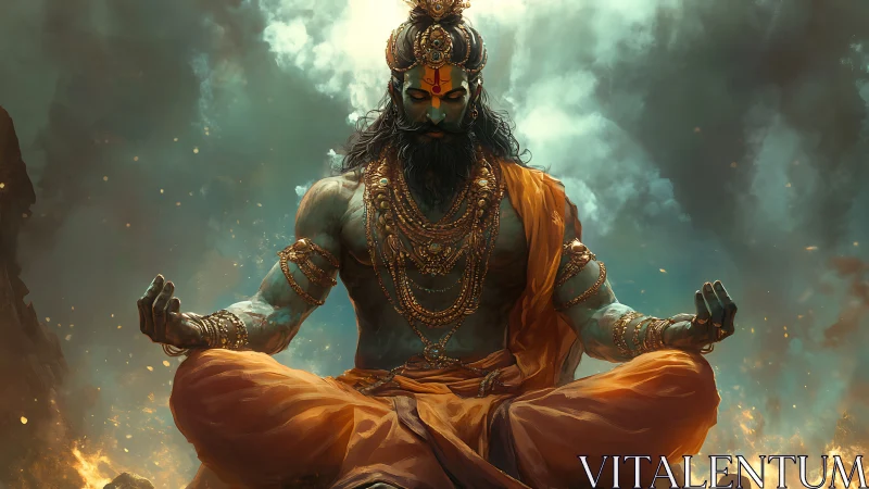 Meditating warrior deity amid stormlit inferno clouds.