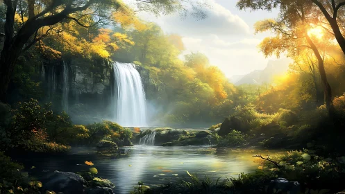 Sunlit forest waterfall with calm reflective river pool.