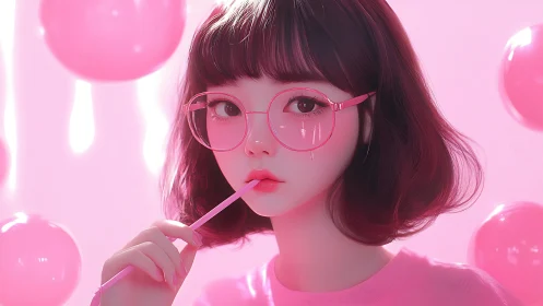 Pink glasses portrait of girl with lollipop in studio.