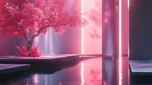 Dreamy neon cherry tree over tranquil reflective water.