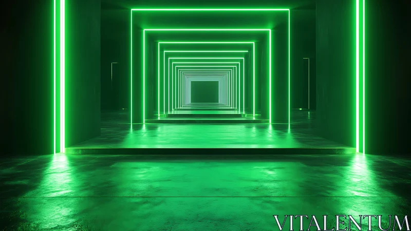 Neon green tunnel extends into an infinite futuristic void