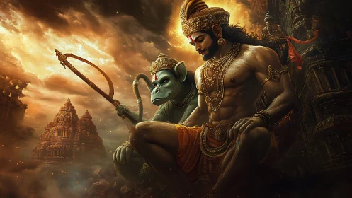 Divine warrior figure with mace amid dramatic temples.