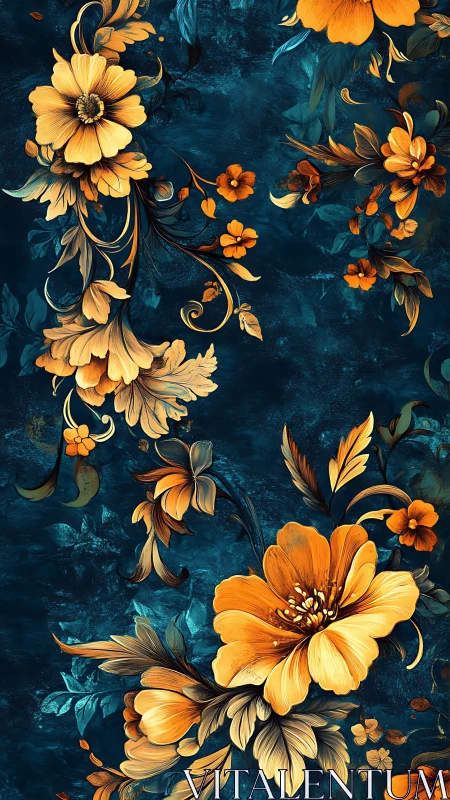 Golden and orange floral pattern on textured teal background.