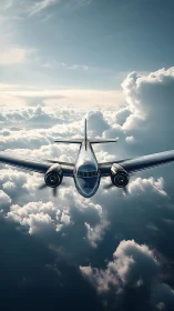 Streamlined twin‑engine airliner slicing through stratocumulus skies.