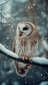 Snowy owl poised on branch amid softly falling flakes.