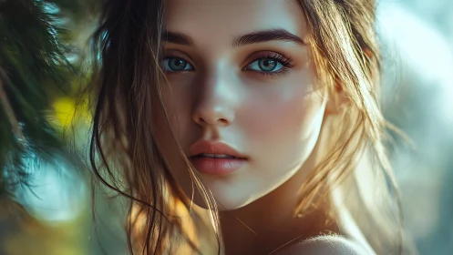 Digital portrait captures luminous teal-eyed woman outdoors