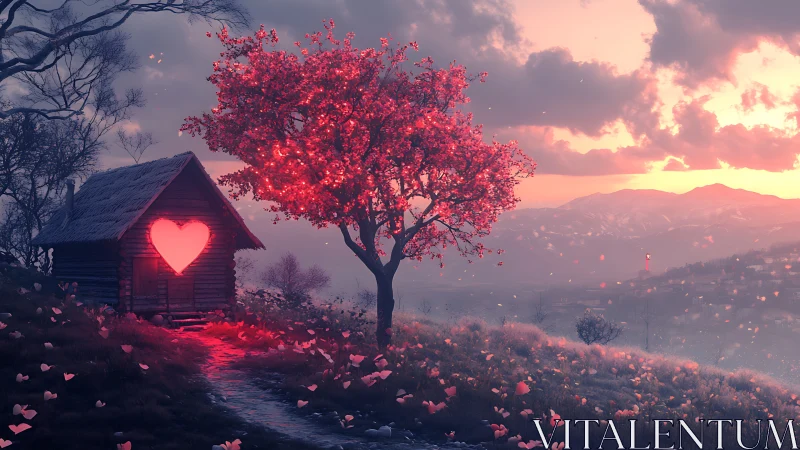 Heart-Lit Cabin Under Crimson Bloom at Sunset.