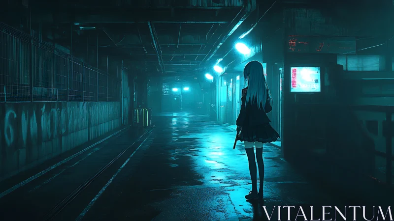 Girl with knife in neon lit alleyway at night scene.