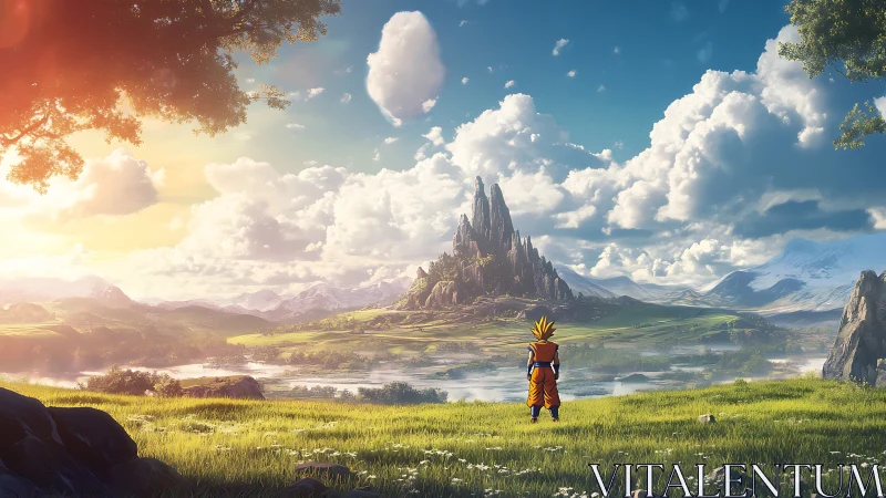 Character in orange gi faces distant spire mountain valley