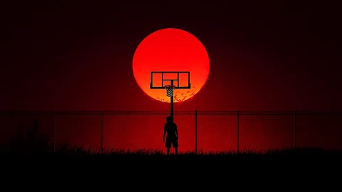 Silhouetted player below blazing red sun on court horizon.