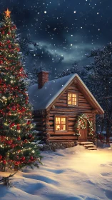 Snowy log cabin and glowing Christmas fir under starlit sky.