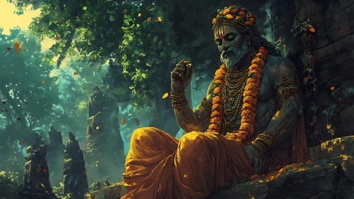 Forest sage in marigold garlands resting among stone gods.