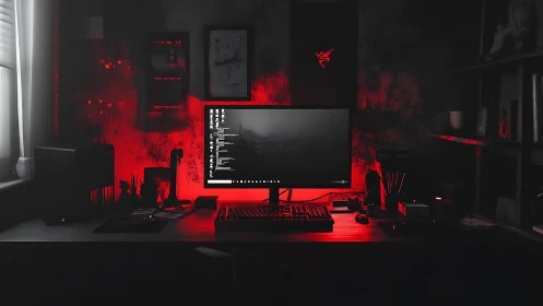 Cinematic red-black gaming workstation in low-key lighting.